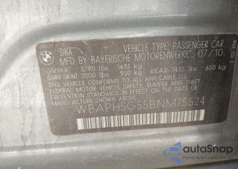 2011 BMW 328I из США, поврежденный, VIN WBAPH5G55BNM75524